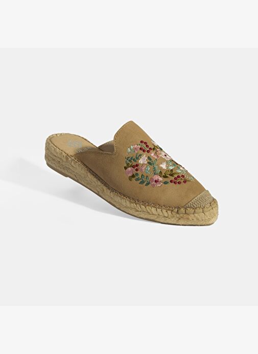 Limited Edition Bej Kadın Çiçek Nakışlı Süet Espadril Terlik - Görsel 6