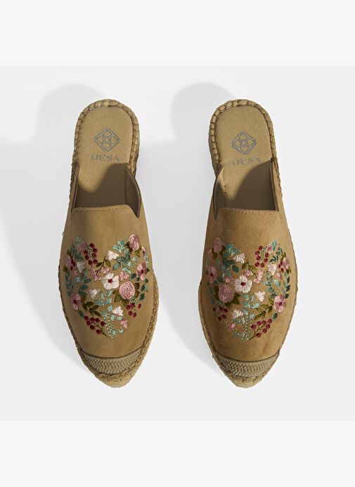 Limited Edition Bej Kadın Çiçek Nakışlı Süet Espadril Terlik - Görsel 7