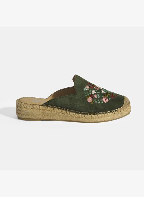 Limited Edition Yeşil Kadın Çiçek Nakışlı Süet Espadril Terlik - Görsel 2