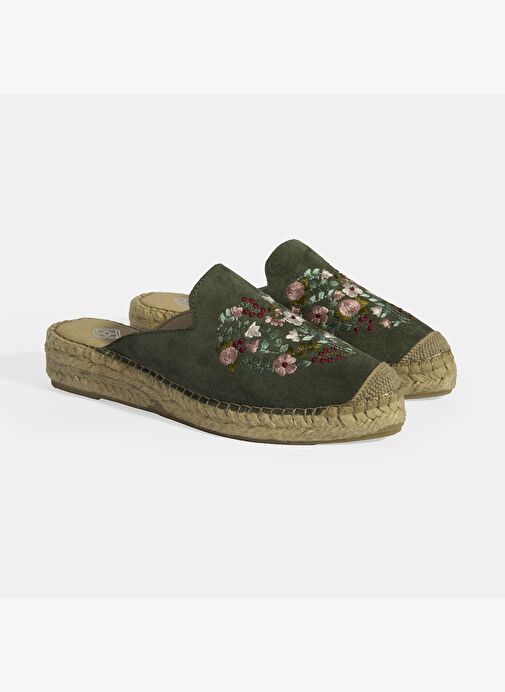 Limited Edition Yeşil Kadın Çiçek Nakışlı Süet Espadril Terlik - Görsel 3