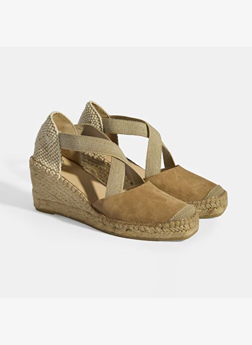 Bej Kadın Lastik Bantlı Dolgu Topuklu Süet Espadril - Görsel 3
