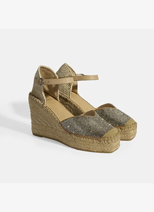 Bej Kadın Toka Aksesuarlı Taş Detaylı Dolgu Topuklu Süet Espadril - Görsel 3