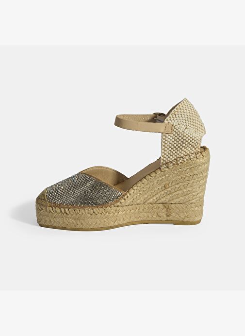Bej Kadın Toka Aksesuarlı Taş Detaylı Dolgu Topuklu Süet Espadril - Görsel 4