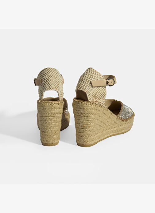 Bej Kadın Toka Aksesuarlı Taş Detaylı Dolgu Topuklu Süet Espadril - Görsel 7