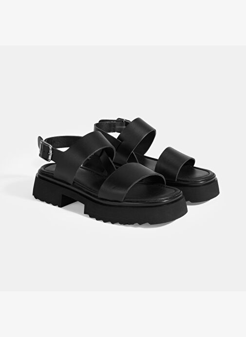 Kadın Siyah Deri Sandalet - Görsel 3