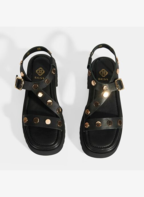 Kadın Siyah Zımba Detaylı Deri Sandalet - Görsel 6