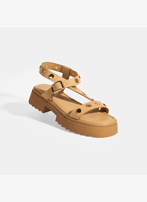 Kadın Bej Zımba Detaylı Deri Sandalet - Görsel 5