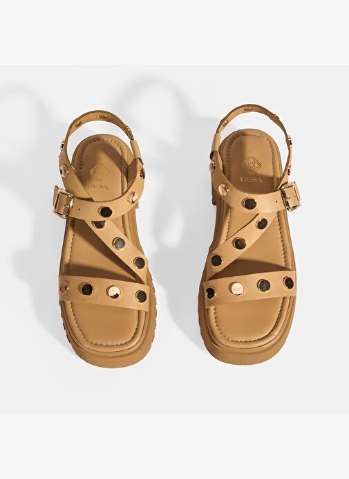 Kadın Bej Zımba Detaylı Deri Sandalet - Görsel 8