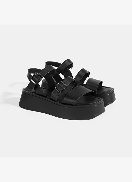 Kadın Siyah Deri Sandalet - Görsel 3