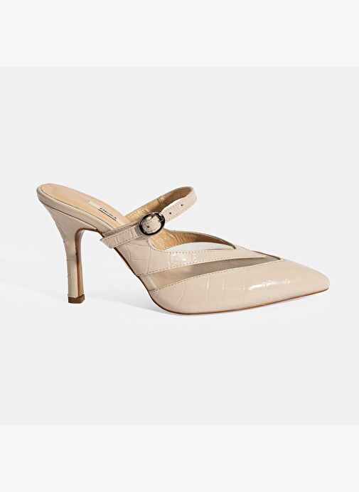 Kadın Krem Ayarlanabilir Tokalı Deri Abiye Topuklu Terlik - Görsel 2