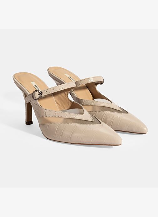 Kadın Krem Ayarlanabilir Tokalı Deri Abiye Topuklu Terlik - Görsel 3