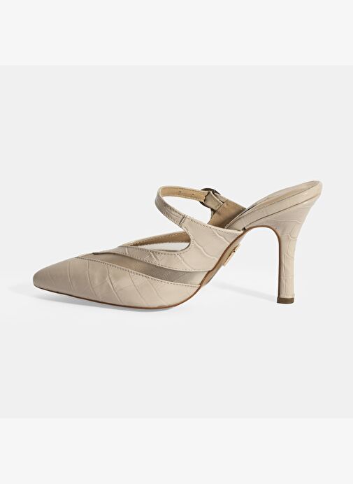 Kadın Krem Ayarlanabilir Tokalı Deri Abiye Topuklu Terlik - Görsel 4