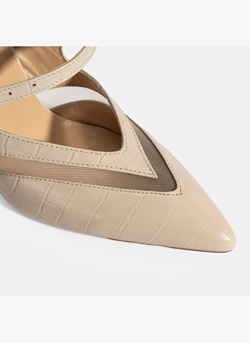 Kadın Krem Ayarlanabilir Tokalı Deri Abiye Topuklu Terlik - Görsel 7