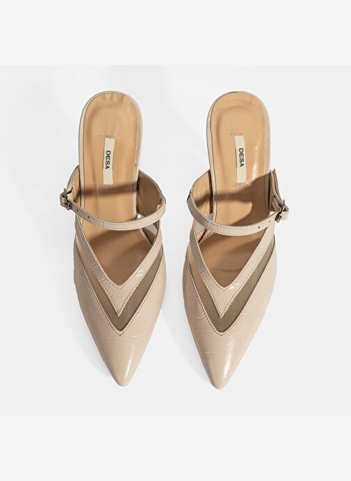 Kadın Krem Ayarlanabilir Tokalı Deri Abiye Topuklu Terlik - Görsel 8