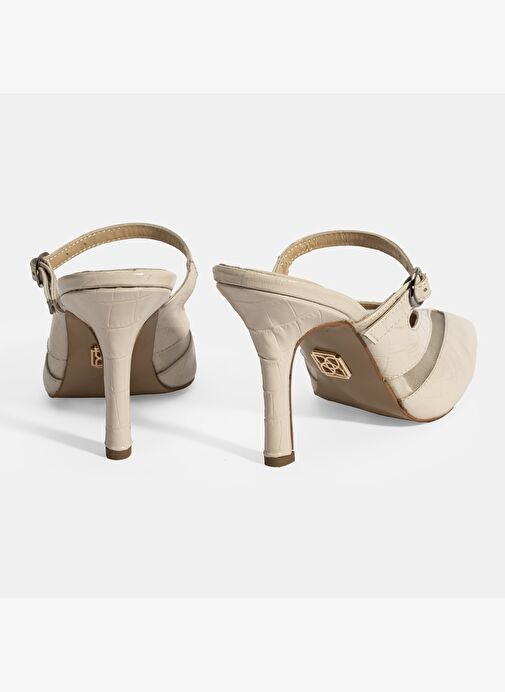 Kadın Krem Ayarlanabilir Tokalı Deri Abiye Topuklu Terlik - Görsel 9