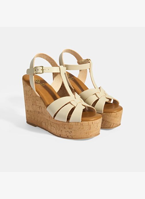 Kadın Beyaz Toka Aksesuarlı T-Bant Deri Dolgu Topuklu Sandalet - Görsel 3