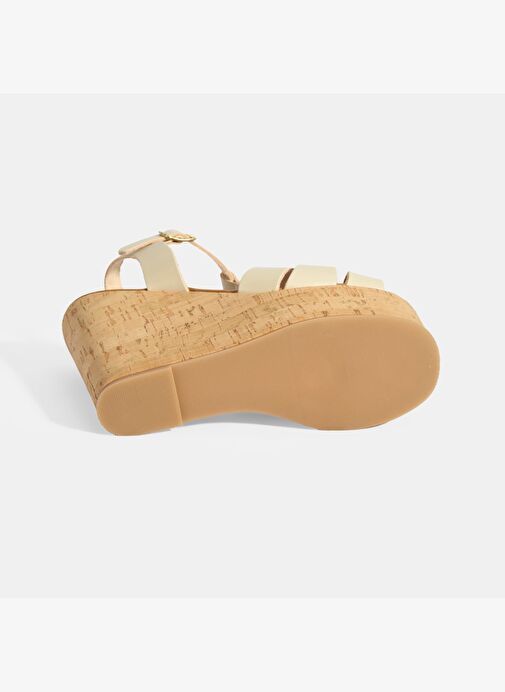 Kadın Beyaz Toka Aksesuarlı T-Bant Deri Dolgu Topuklu Sandalet - Görsel 5