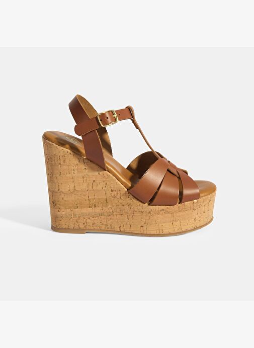 Kadın Taba Toka Aksesuarlı T-Bant Deri Dolgu Topuklu Sandalet - Görsel 2