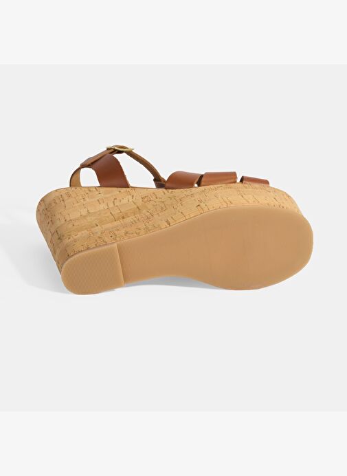 Kadın Taba Toka Aksesuarlı T-Bant Deri Dolgu Topuklu Sandalet - Görsel 5