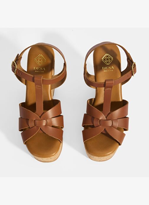 Kadın Taba Toka Aksesuarlı T-Bant Deri Dolgu Topuklu Sandalet - Görsel 6