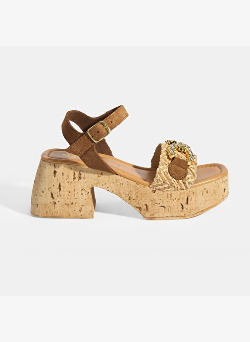 Kadın Bej Hasır Detaylı Toka Aksesuarlı Topuklu Sandalet - Görsel 2