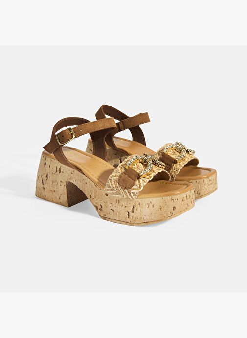 Kadın Bej Hasır Detaylı Toka Aksesuarlı Topuklu Sandalet - Görsel 3