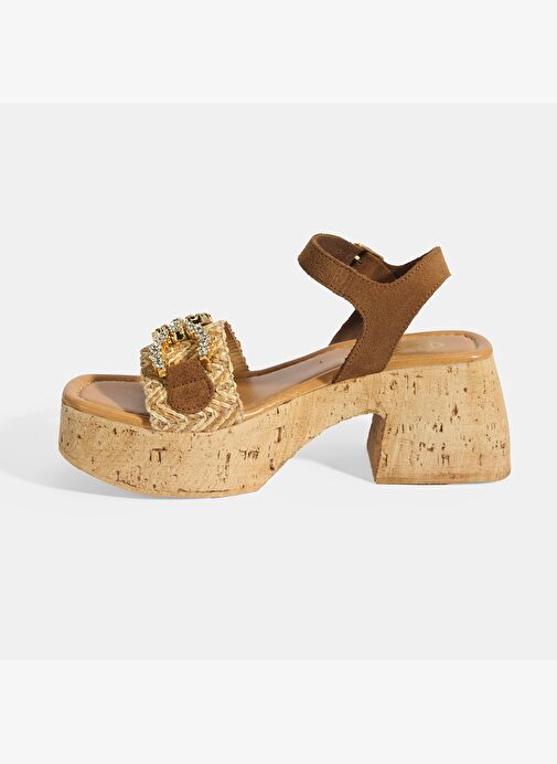 Kadın Bej Hasır Detaylı Toka Aksesuarlı Topuklu Sandalet - Görsel 4
