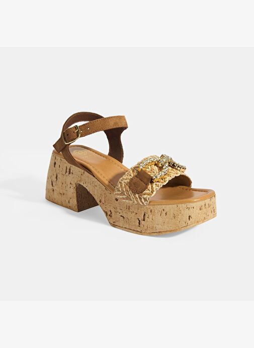 Kadın Bej Hasır Detaylı Toka Aksesuarlı Topuklu Sandalet - Görsel 6