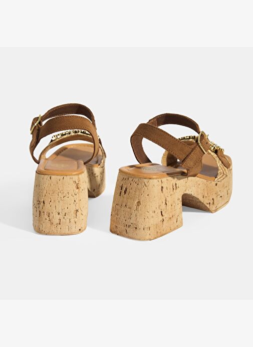 Kadın Bej Hasır Detaylı Toka Aksesuarlı Topuklu Sandalet - Görsel 7