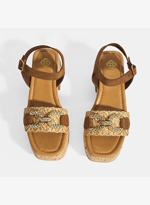 Kadın Bej Hasır Detaylı Toka Aksesuarlı Topuklu Sandalet - Görsel 8