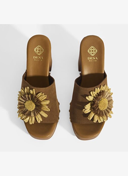 Kadın Taba Çiçek Aksesuarlı Süet Topuklu Terlik - Görsel 8