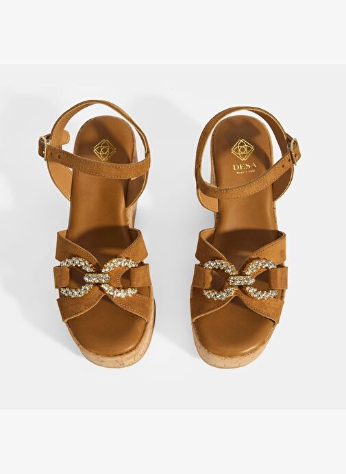 Kadın Taba Taşlı Toka Aksesuarlı Süet Dolgu Topuklu Sandalet - Görsel 6