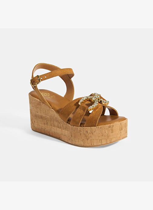 Kadın Taba Taşlı Toka Aksesuarlı Süet Dolgu Topuklu Sandalet - Görsel 9