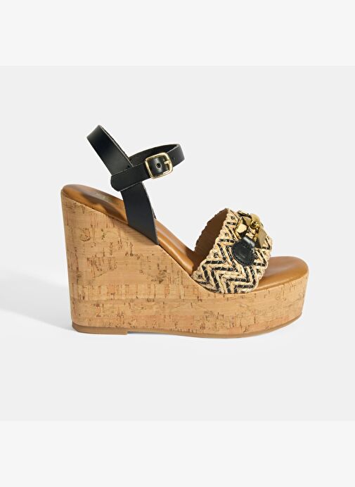 Kadın Siyah Toka Aksesuarlı Deri Detaylı Dolgu Topuklu Sandalet - Görsel 2