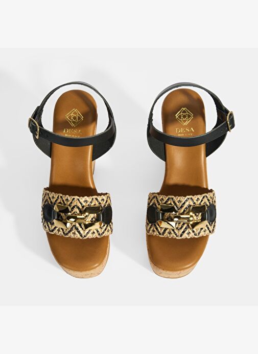 Kadın Siyah Toka Aksesuarlı Deri Detaylı Dolgu Topuklu Sandalet - Görsel 8