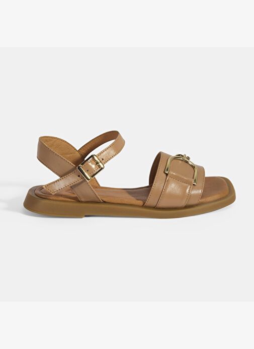 Taba Kadın Metal Aksesuarlı Ayarlanabilir Tokalı Deri Sandalet - Görsel 2