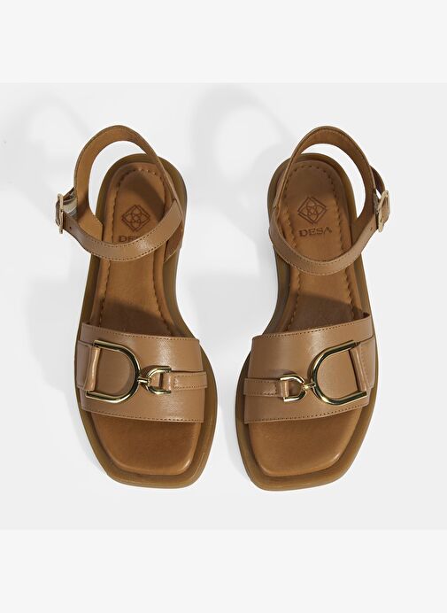 Taba Kadın Metal Aksesuarlı Ayarlanabilir Tokalı Deri Sandalet - Görsel 6