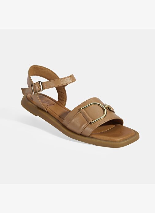 Taba Kadın Metal Aksesuarlı Ayarlanabilir Tokalı Deri Sandalet - Görsel 9