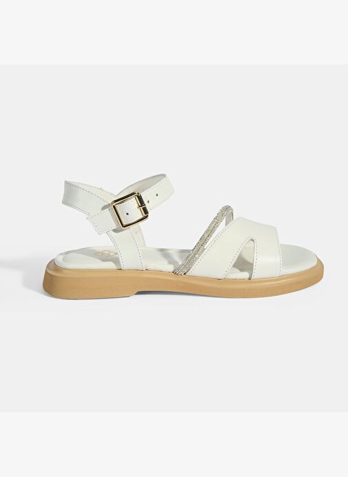 Kadın Beyaz Ayarlanabilir Tokalı Taş Detaylı Deri Sandalet - Görsel 2