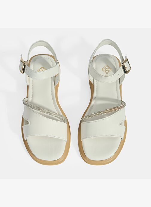 Kadın Beyaz Ayarlanabilir Tokalı Taş Detaylı Deri Sandalet - Görsel 7