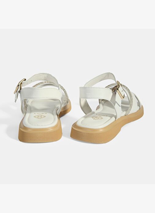 Kadın Beyaz Ayarlanabilir Tokalı Taş Detaylı Deri Sandalet - Görsel 9