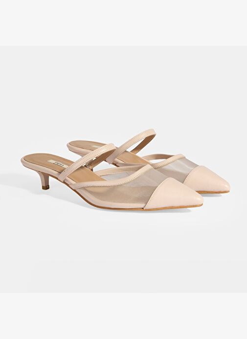 Kadın Krem Fileli Deri Topuklu Terlik - Görsel 3