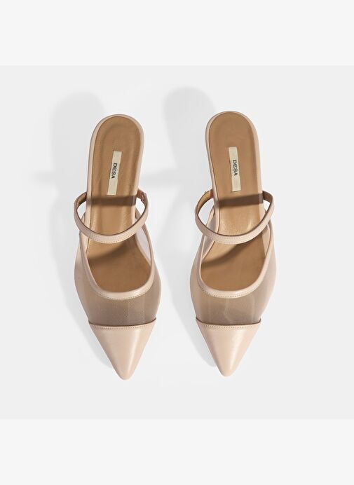 Kadın Krem Fileli Deri Topuklu Terlik - Görsel 8