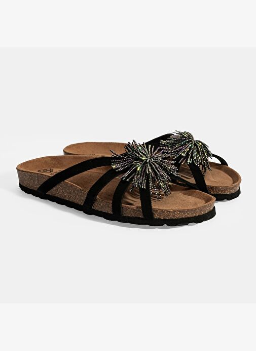 Kadın Siyah Taş Detaylı Süet Terlik - Görsel 3