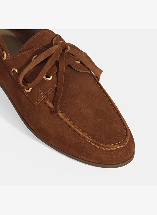 Limited Edition Kadın Taba Bağcık Detaylı Süet Loafer - Görsel 6