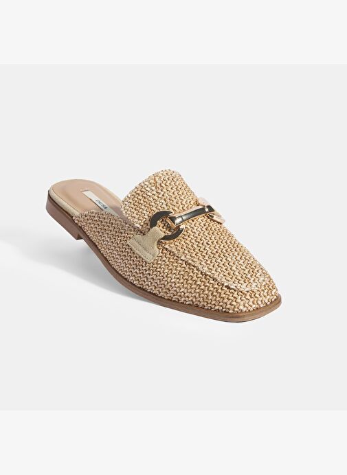 Kadın Bej Metal Aksesuarlı Hasır Terlik - Görsel 6