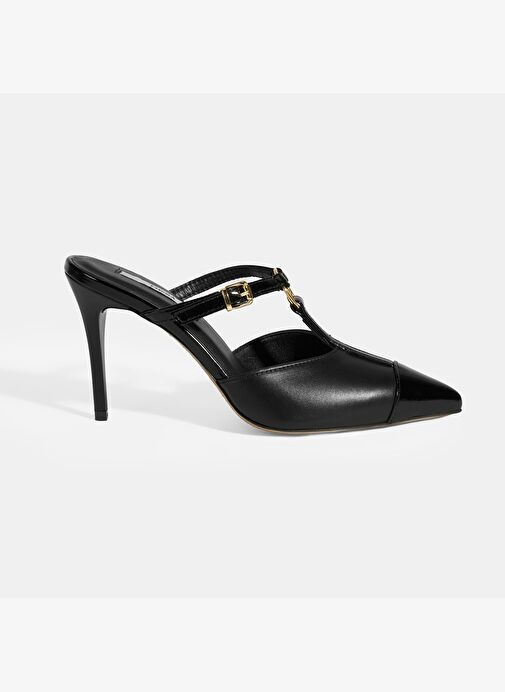 Kadın Siyah Halka Aksesuarlı Deri Abiye Topuklu Terlik - Görsel 2