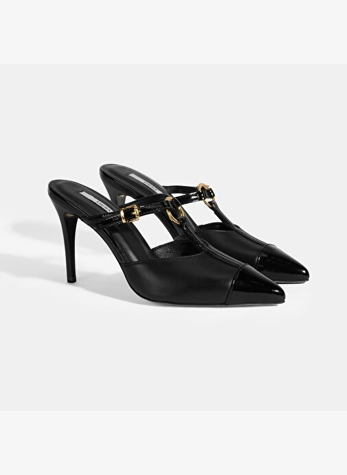 Kadın Siyah Halka Aksesuarlı Deri Abiye Topuklu Terlik - Görsel 3