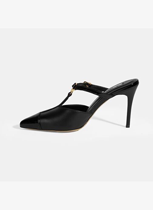 Kadın Siyah Halka Aksesuarlı Deri Abiye Topuklu Terlik - Görsel 4
