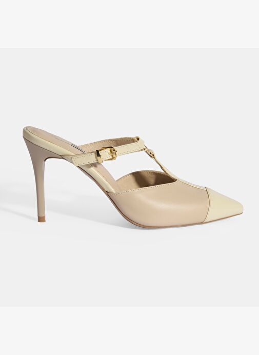 Kadın Bej Halka Aksesuarlı Deri Abiye Topuklu Terlik - Görsel 2